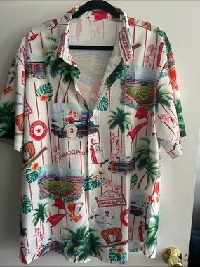 Philadelphia Phillies themed Short Sleeve Camp Shirt - White Multi